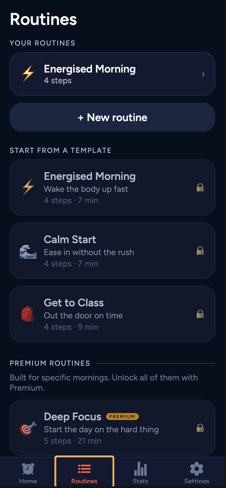 The Launch routines screen, listing your routines and the templates you can start from.